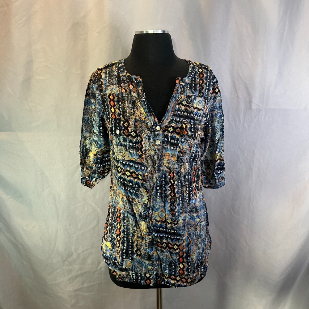 Angie Tunic Blouse Womens M Multicolor Rayon Geometric Tribal Curved Hem Boho